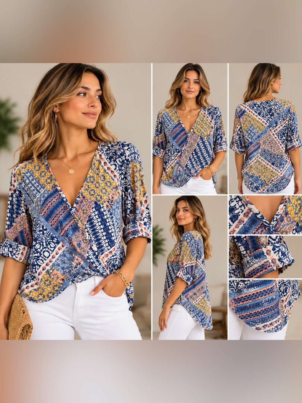 Abbeline Patchwork Print Surplice High-Low Blouse Size S